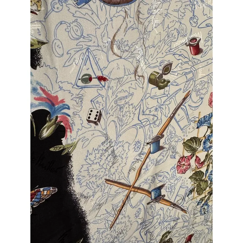 100% Korean Silk Vintage Nicole Miller Scarf In Quirky Paint-By-Number Print